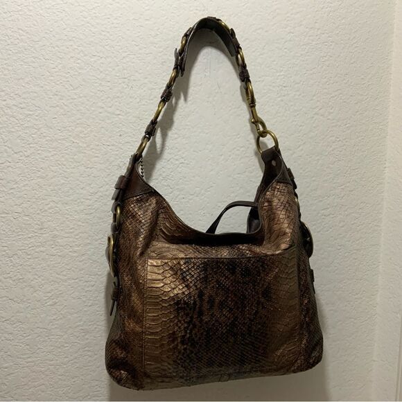 COACH LTD BLEECKER CHOCOLATE PRINTED PYTHON SLIM DUFFLE SHOULDER BAG PURSE RARE! - Picture 1 of 16